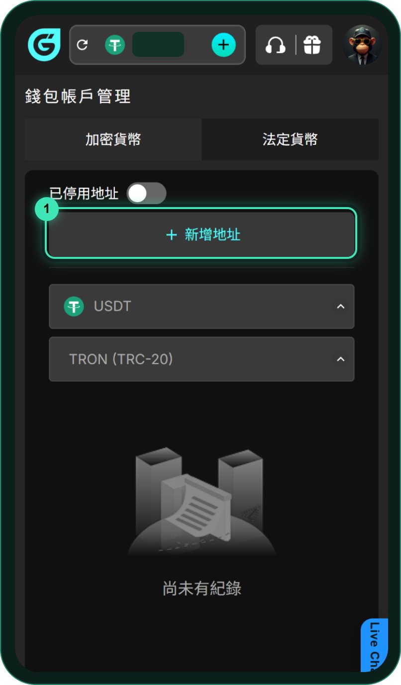 GoFun 錢包帳戶管理頁:加密貨幣分頁、已停用地址開關、新增地址按鈕、USDT 與 TRON(TRC-20)下拉